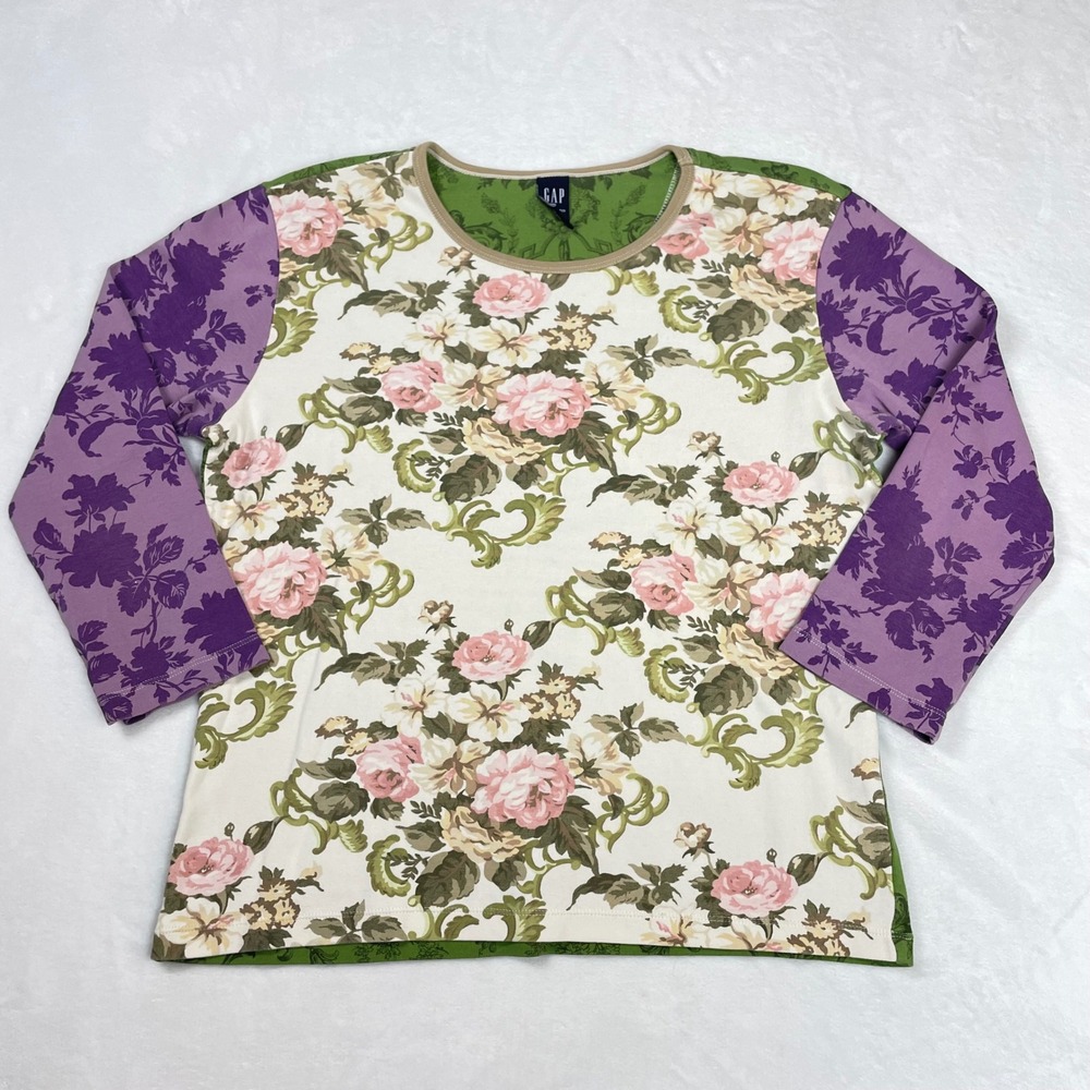 Gap Floral Top 100% Cotton Women XL Multicolor Good Y2K Mixed Print 3/4 Sleeve
